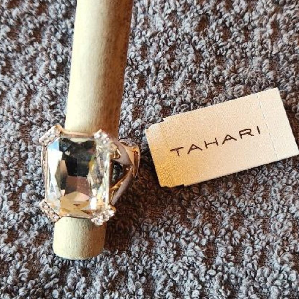 TAHARI Costume Faux Clear Cubic Zirconia Stone Gold Stretch Band Ring
